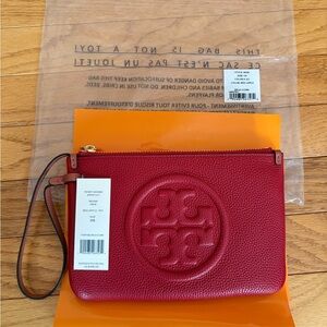 Tory Burch Red Pebbled Leather Wristlet with Logo Medallion